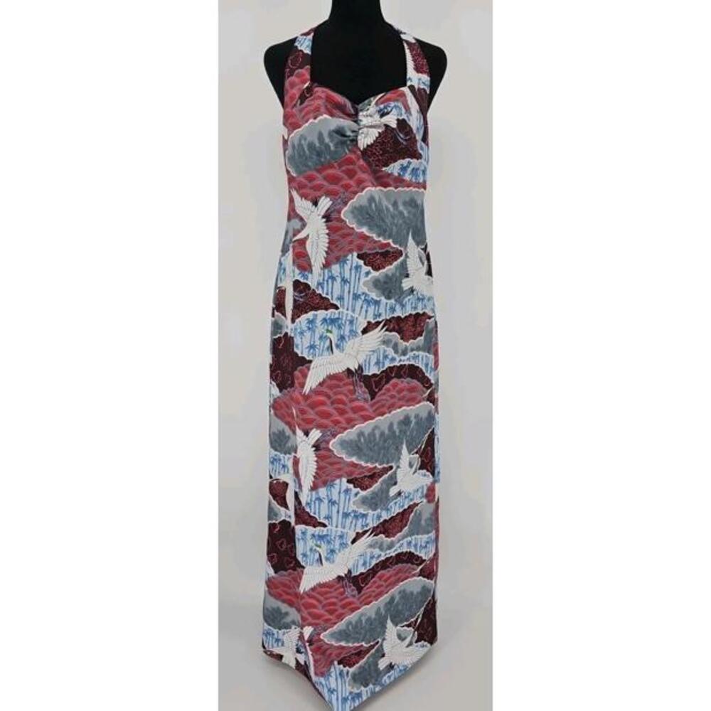 Vintage Liberty House Hawaiian Dress 12 Halter Maxi Dress Blue Red Zip Back NWT